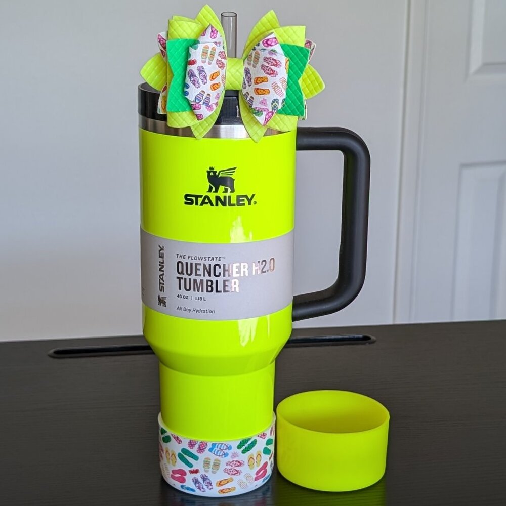 NWT Stanley 40oz Neon Yellow Tumbler w/ Matching Flip-Flops Bow & Boot